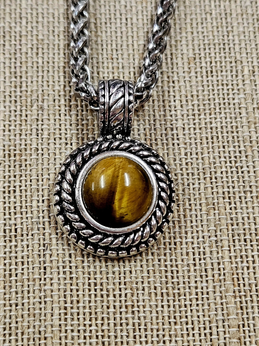 Premier Designs Silver Necklace With Tigers Eye Pendant 18-20" Adjustable Chain
